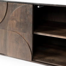 Load image into Gallery viewer, Xanti 70x18 Brown Solid Wood Frame Gold Metal Legs 4 Door Cabinet Sideboard
